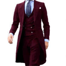 (wine red, L) 3dílný pánský oblek Dlouhý kabát Jednodílný Svatební smoking Formální Ženich Ples Párty Pánské obleky