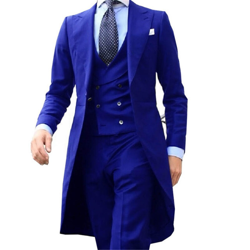 (royal blue, L) Solid Wedding Men Long Tailcoat 3 Piece Formal Groom Tuxedos for Prom Party Male Suits-image-OPC-PGWZDYB-NEW