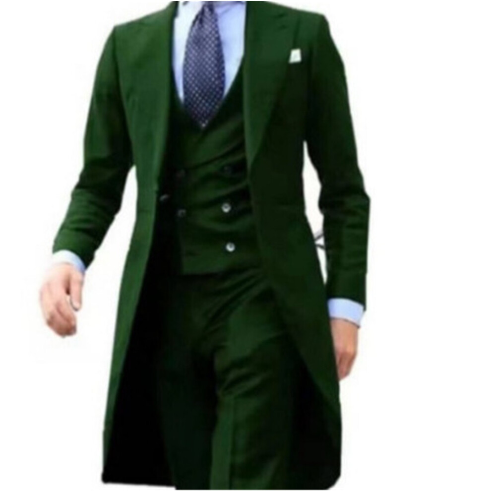 (green, M) Solid Wedding Men Long Tailcoat 3 Piece Formal Groom Tuxedos for Prom Party Male Suits