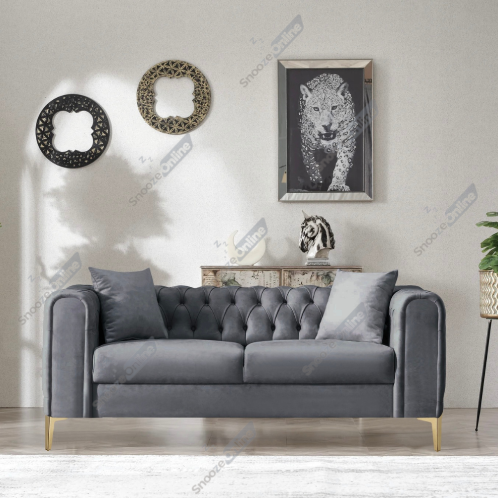 (Grey Velvet, 2 Seater Sofa) Plush Velvet Chesterfield Sofas & Couches Stylish 3+2 Seater Sofa Set, Armchair For Living Room