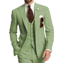 (tea green, S) 3-Piece Solid Wedding Men's Suit Slim Fit Peak Lapel Formal Business Groom Tuxedos Two Buttons