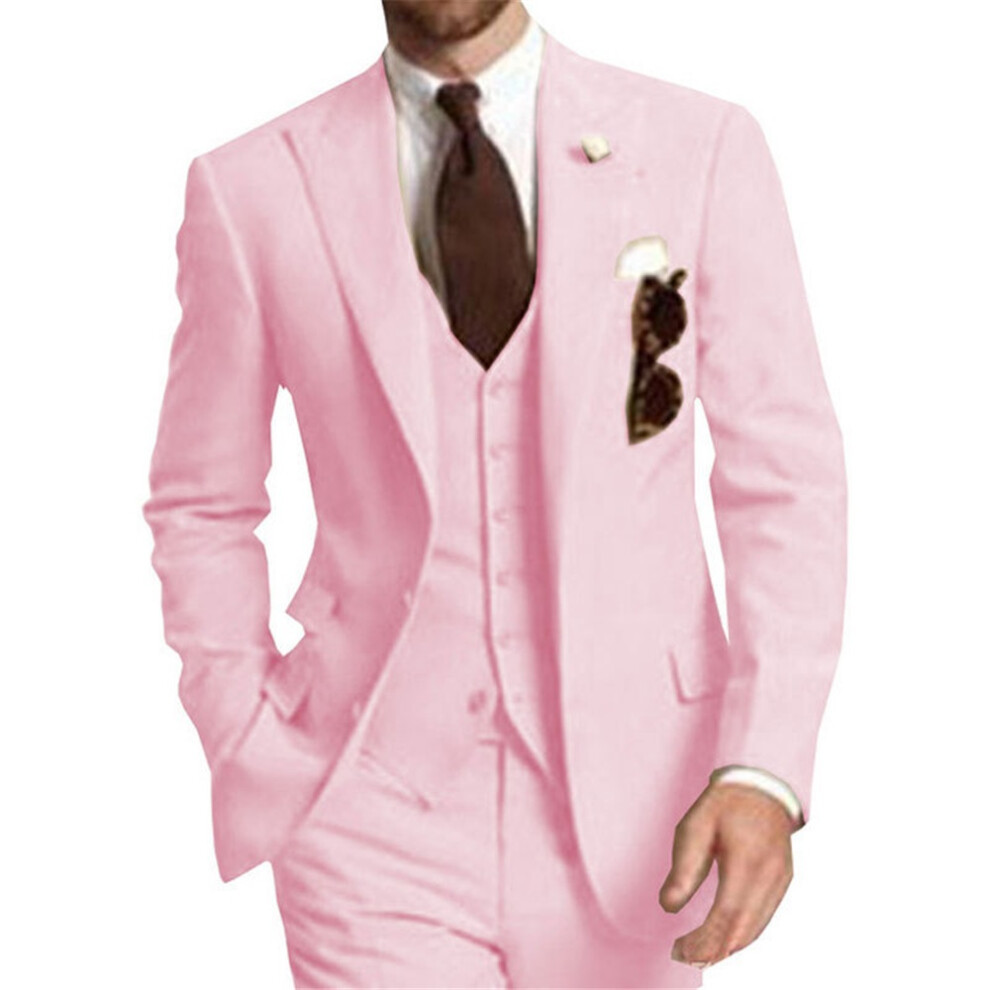 (pink, XXS) 3-Piece Solid Wedding Men's Suit Slim Fit Peak Lapel Formal Business Groom Tuxedos Two Buttons-image-OPC-PGWZFZP-NEW