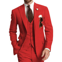 (red, XXXL) 3-Piece Solid Wedding Men's Suit Slim Fit Peak Lapel Formal Business Groom Tuxedos Two Buttons