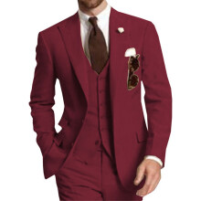 (wine red, XL) 3-Piece Solid Wedding Men's Suit Slim Fit Peak Lapel Formal Business Groom Tuxedos Two Buttons