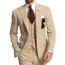 (khaki, XS) 3-Piece Solid Wedding Men's Suit Slim Fit Peak Lapel Formal Business Groom Tuxedos Two Buttons