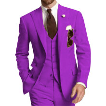 (purple, M) 3-Piece Solid Wedding Men's Suit Slim Fit Peak Lapel Formal Business Groom Tuxedos Two Buttons