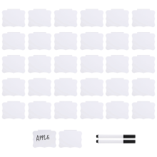 Juego de 32 etiquetas con clips y rotuladores para cestas, incluye portaetiquetas con pinza de cocina y 2 tizas (blancas).