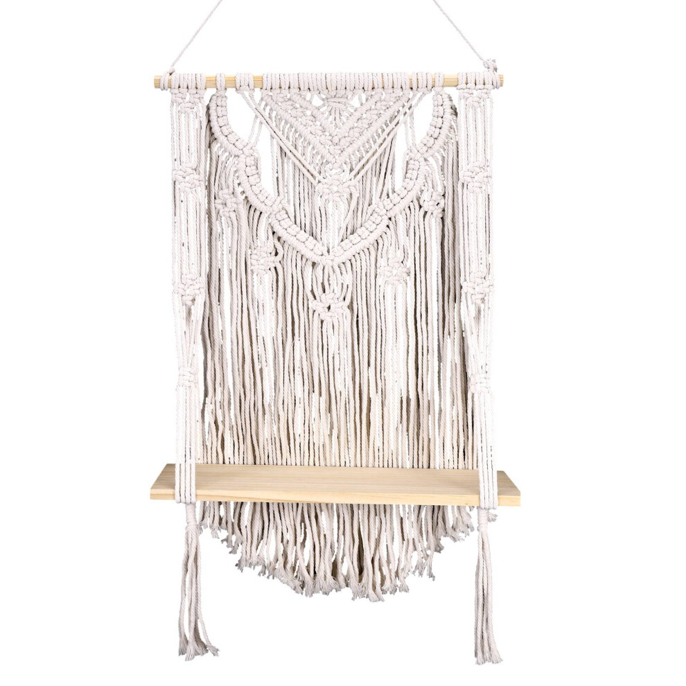 Macrame Wall Hanging Shelf, Single Tier Wood Floating Shelf Organizer Hanger, Decor 4851820447119