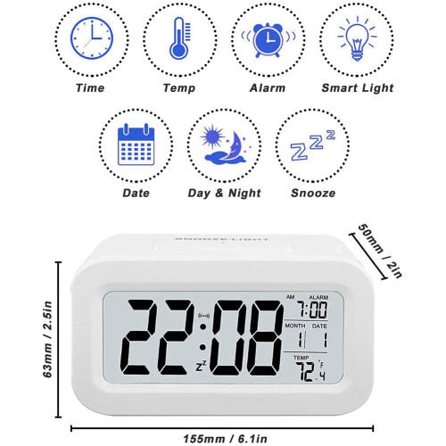 Rechargeable Alarm Clocks, Digital Clocks Bedside Mains Powered with Smart Light Sensor, 12/24Hours Date White 2