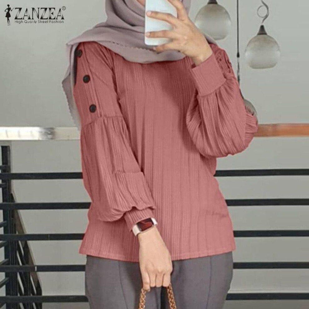 (cameo pink, 2XL) ZANZEA Women Casual O-neck Solid Color Long Sleeve Blouse
