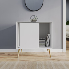 (White Carcass & Pine Legs) 2-Door Sliding Chest Cabinet Sideboard Closet Storage Cupboard Organiser with Legs