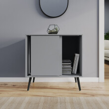 (Grey Carcass & Black Legs) 2-Door Sliding Chest Cabinet Sideboard Closet Storage Cupboard Organiser with Legs