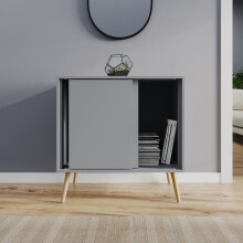 (Grey Carcass & Pine Legs) 2-Door Sliding Chest Cabinet Sideboard Closet Storage Cupboard Organiser with Legs