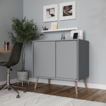 (Grey Carcass & Beech Legs) 2-Door Sliding Chest Cabinet Sideboard Closet Storage Cupboard Organiser with Legs