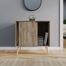 (Oak Carcass & Beech Legs) 2-Door Sliding Chest Cabinet Sideboard Closet Storage Cupboard Organiser with Legs