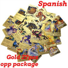 (27 pièces en espagnol) 54 pièces de cartes Pokémon Gold Box Golden Letter Spanish Playing Cards Metalicas