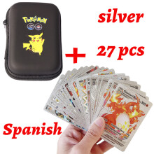 (Spani Random 27pcs) 54 pièces de cartes Pokémon Gold Box Golden Letter Spanish Playing Cards Metalicas