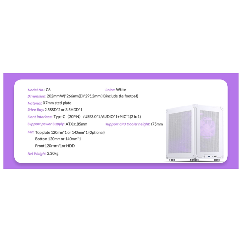 C6 MATX Mini ITX Case PC Case Desktop Mesh Chassis White 2