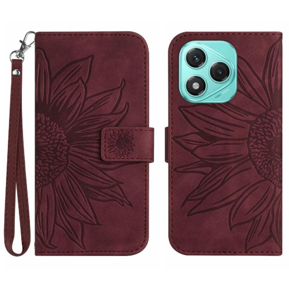 (Brown) Case for Honor 400 Lite Short Strap with Card Slots Holder Embossed Sunflower Flip Wallet Phone Case Luxury Pu Leather