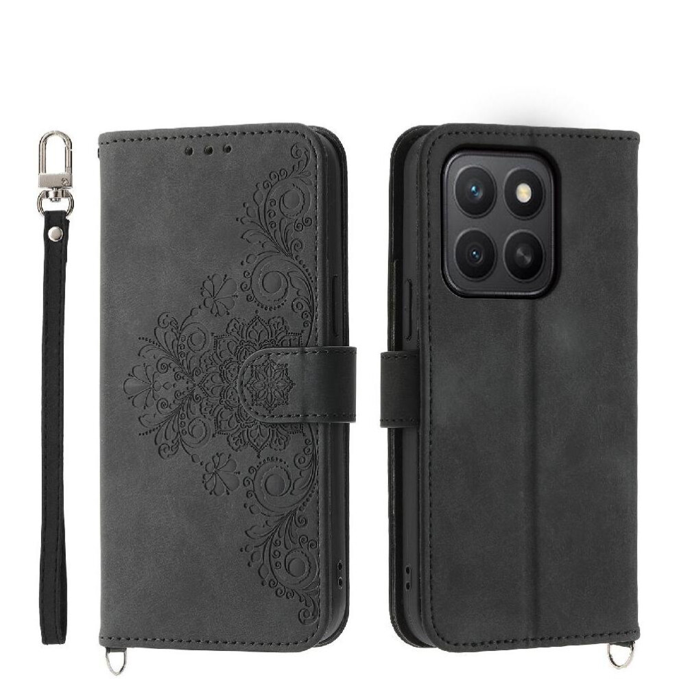 (Black) Flip Case For Honor X8c Embossed Wristband Multiple Credit Card Slots Shockproof Black 764544216135