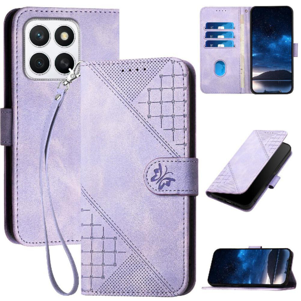 Photos - Case Flip for Honor X8c and Credit Card Slot Embossed Butterfly with Detachable Hand Strap High Quality Leath(Light Violet)