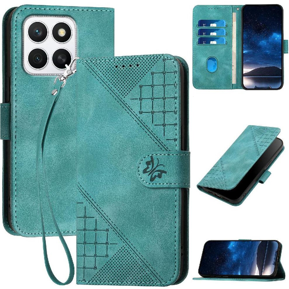 Photos - Case Flip for Honor X8c and Credit Card Slot Embossed Butterfly with Detachable Hand Strap High Quality Leather(Light blue)