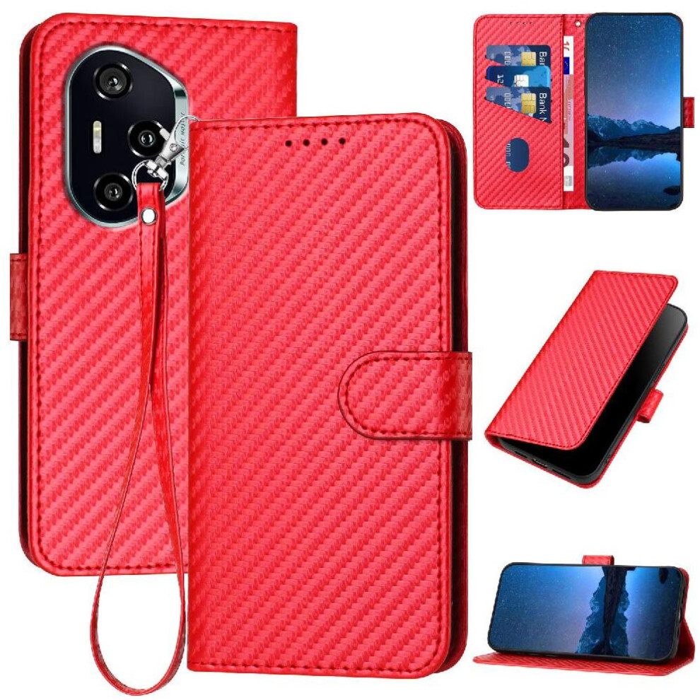 (Red) Flip Case For Honor 400 With Card Slot And Kickstand Premium Leather Carbon Fiber Surface With Detachable Hand Strap Red 764544218030