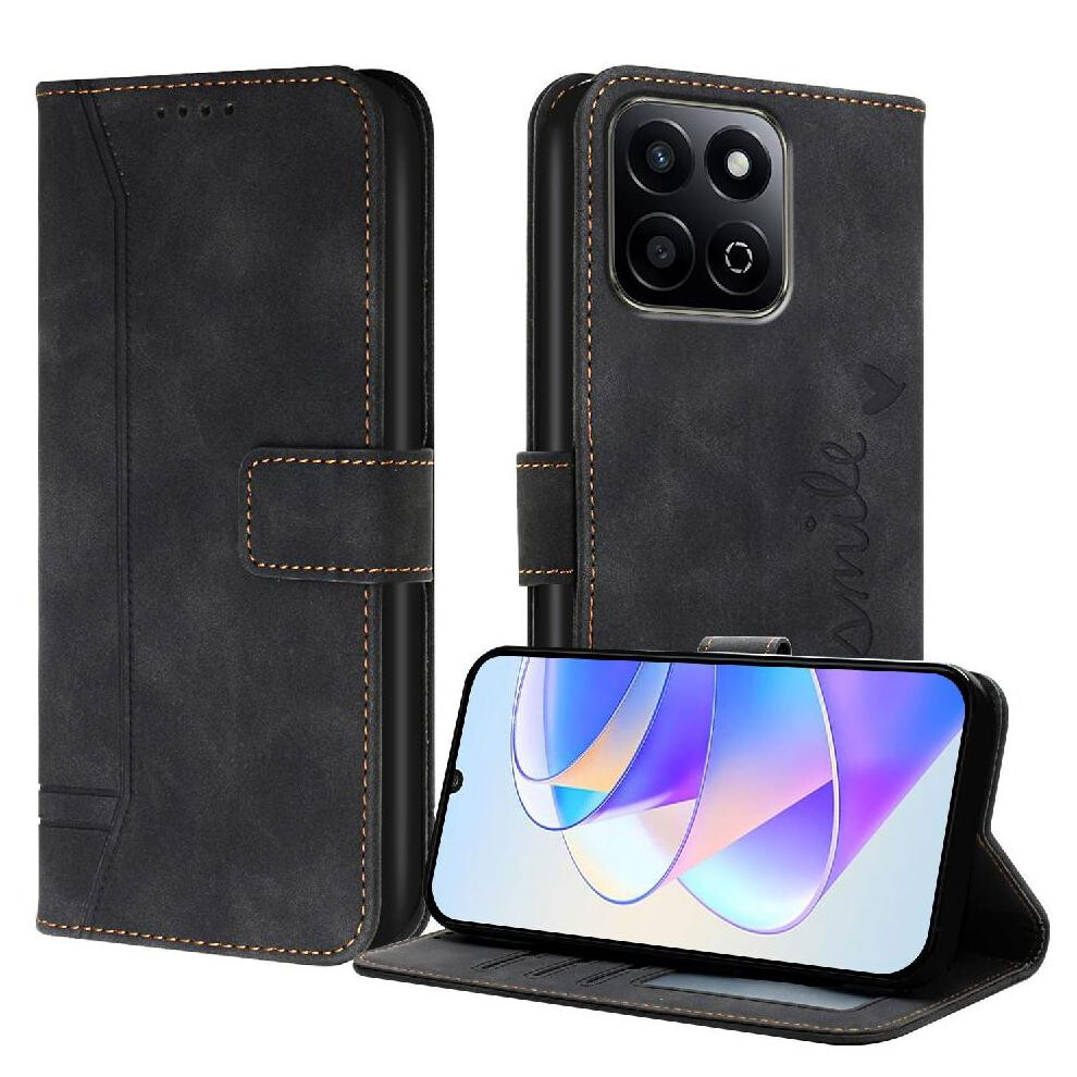 (Black) Phone Case For Honor X7c Pu Leather Magnetic Closure Hand Strap Card Slots Cover Flip Folio Wallet Black 764544219471