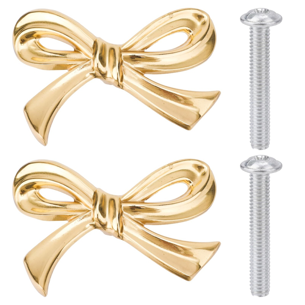 2Pcs Gold Brass Bow Dresser Knobs, Vintage Bow Shape Drawer Pull 4853659201481