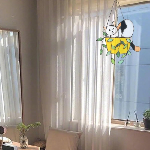 Γάτα σε γλάστρα Suncatcher Βιτρό παράθυρο Hangins, B 2