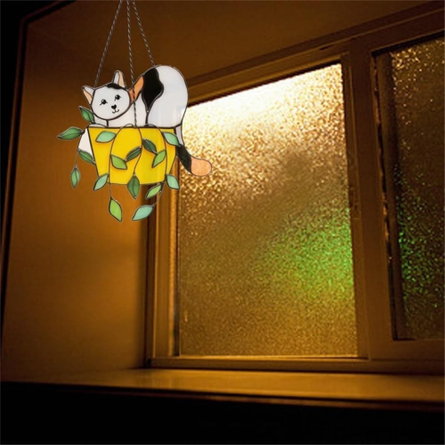 Γάτα σε γλάστρα Suncatcher Βιτρό παράθυρο Hangins, B 1