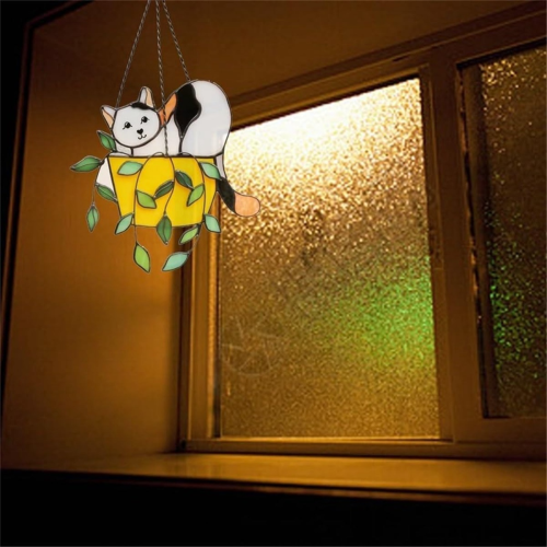 Γάτα σε γλάστρα Suncatcher Βιτρό παράθυρο Hangins, A 2