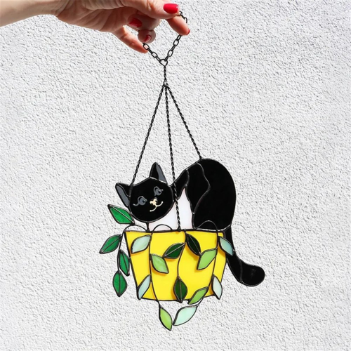 Γάτα σε γλάστρα Suncatcher Βιτρό παράθυρο Hangins, A 1