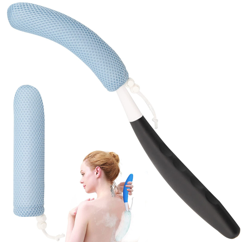 Kkaffe 15.35" Back Bath Brush With Sponge,Back Scrubber Bath Mesh With Curved Long Handle Bath Body Brush For Elderly Aid Bathing And Shower