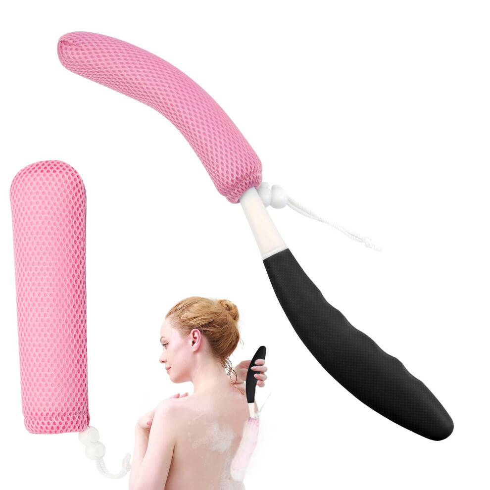 Kkaffe 15.35" Back Bath Brush With Sponge,Back Scrubber Bath Mesh With Curved Long Handle Bath Body Brush For Elderly Aid Bathing And Shower
