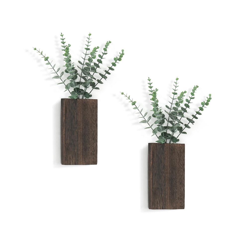 (Marron foncé) Lot de 2 vases muraux en bois avec eucalyptus artificiel pour jardinière murale de ferme