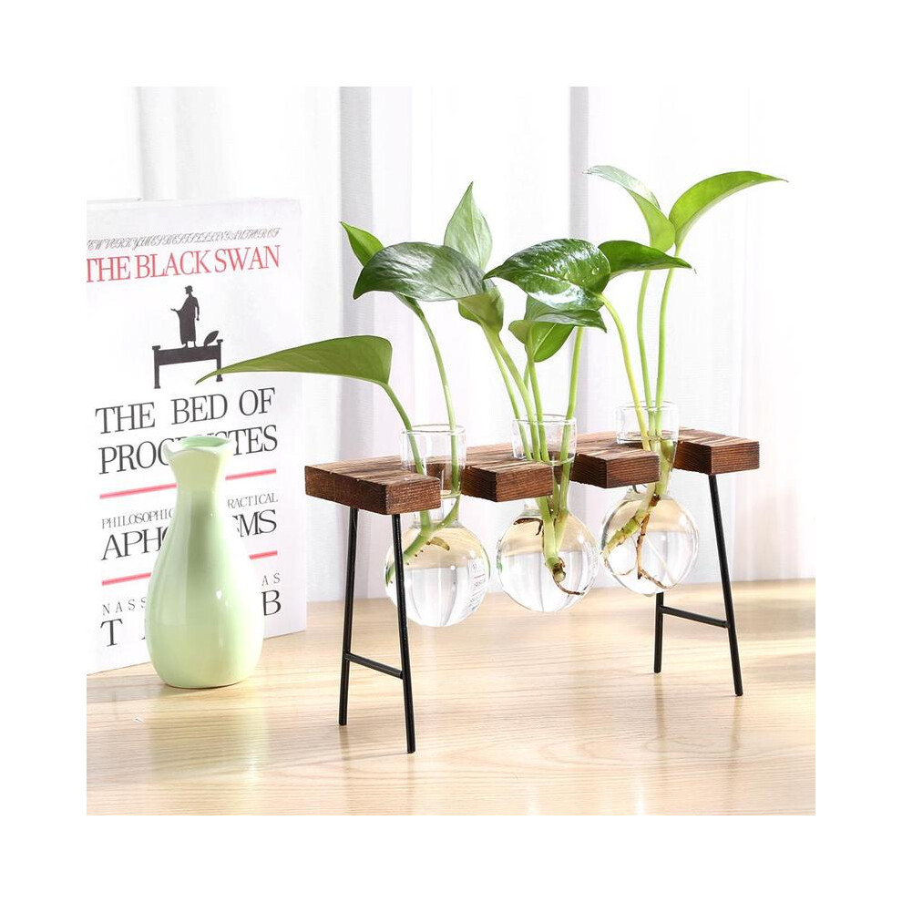 (Cadre de vase-I) Vase en verre transparent Cadre en bois Art du fer Terrarium Bonsaï Ornements de table