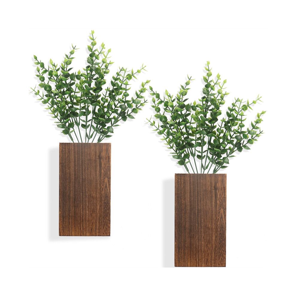 (Marron) Lot de 2 vases muraux en bois avec eucalyptus artificiel, jardinière murale suspendue pour