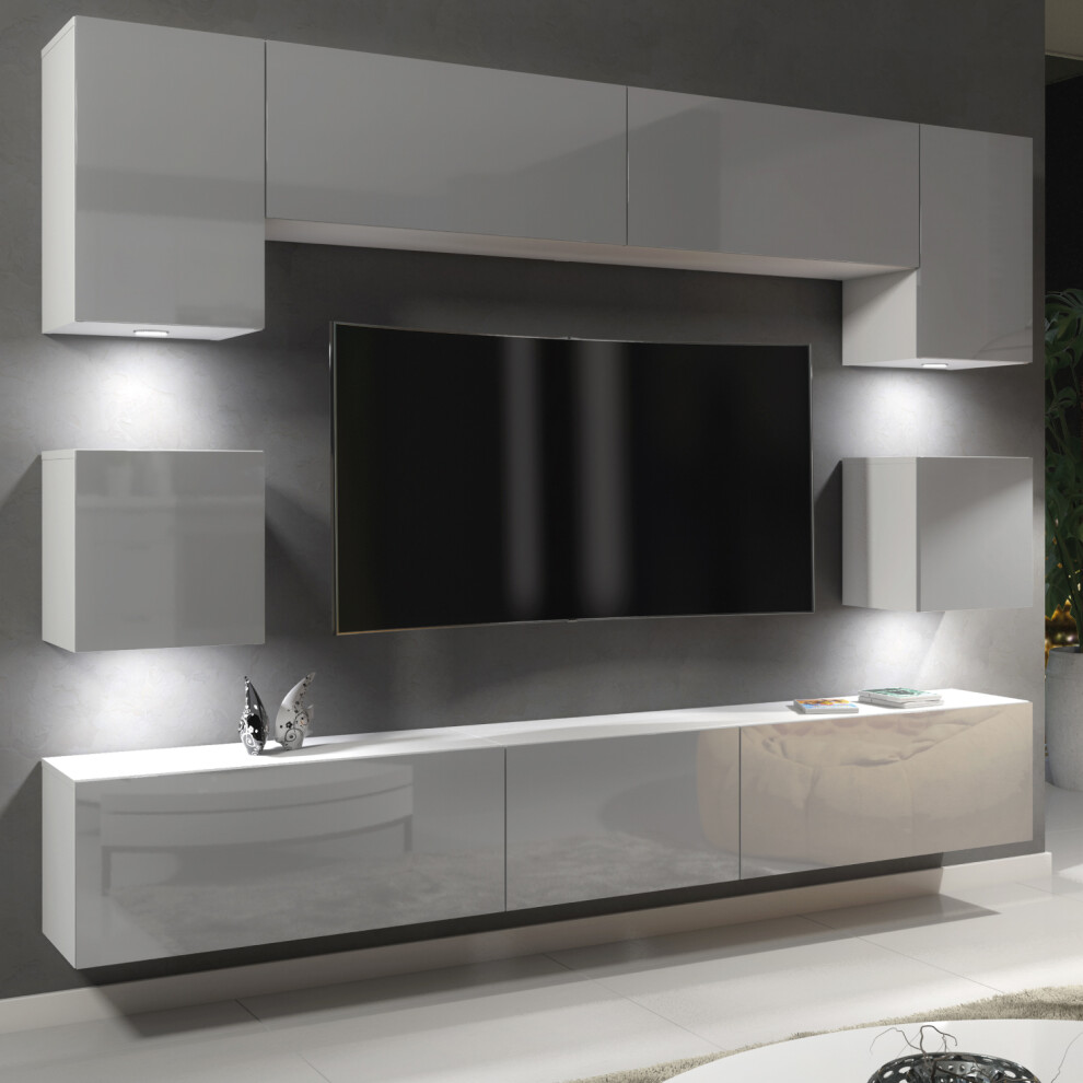 Panorama Wall TV Unit - White & Grey with Gloss Doors and LED Lights