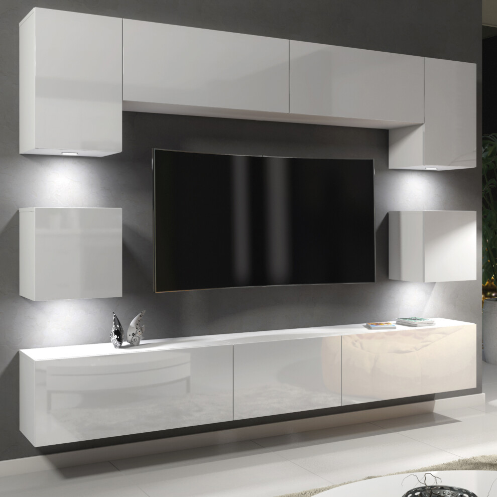 Panorama Wall TV Unit - White with Gloss Doors and LED Lights