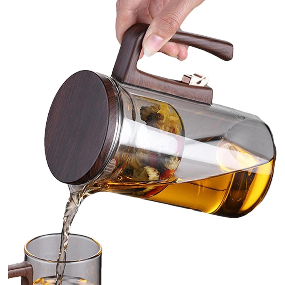 (L) Safe Large Tea Pot - Glass Kettle with Strainer,Glass Clear Tea Pot Maker with Wooden Handle for Brewing Filtering Pouring