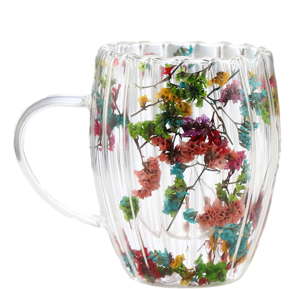 (D) Dried Flowers Glass Cups - 300ml Double Walled Clear Coffee Cup with Handle,Drinking Cups for Hot Cold Beverages, Milk Mugs