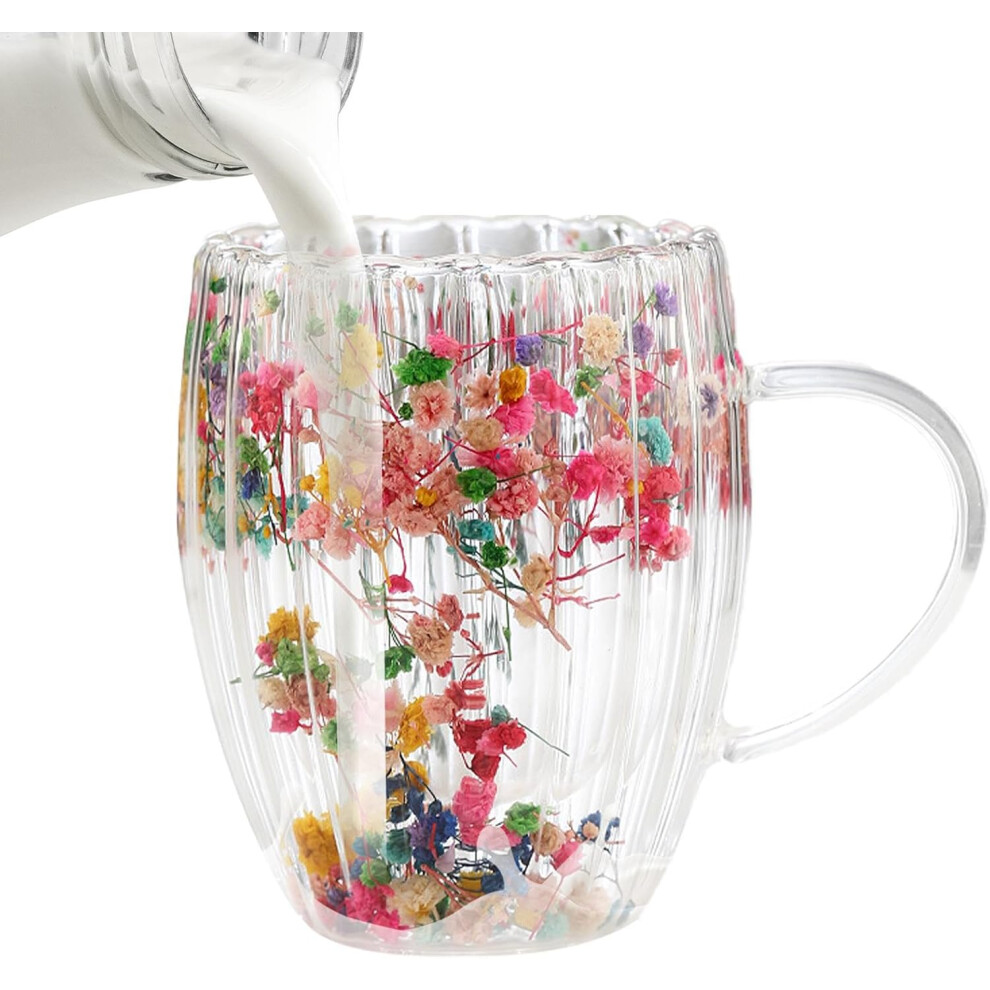 (C) Dried Flowers Glass Cups - 300ml Double Walled Clear Coffee Cup with Handle,Drinking Cups for Hot Cold Beverages, Milk Mugs