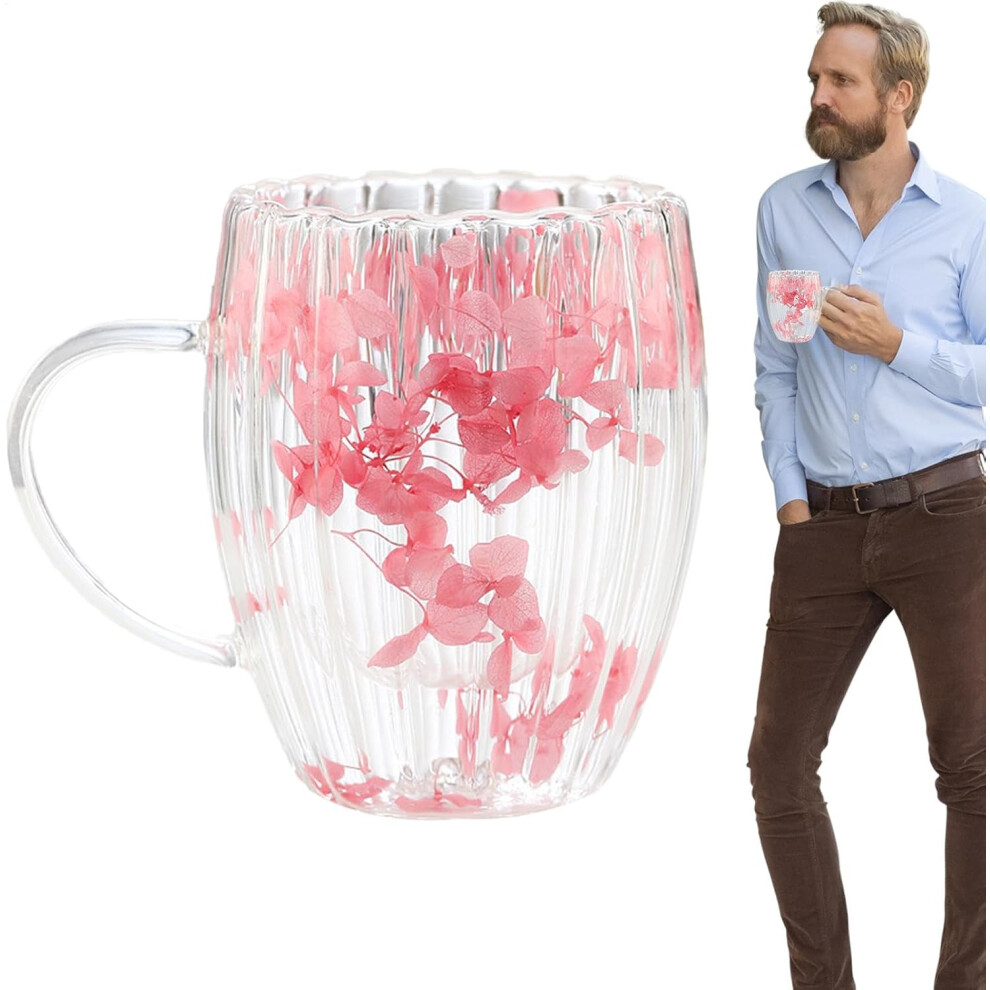 (B) Dried Flowers Glass Cups - 300ml Double Walled Clear Coffee Cup with Handle,Drinking Cups for Hot Cold Beverages, Milk Mugs