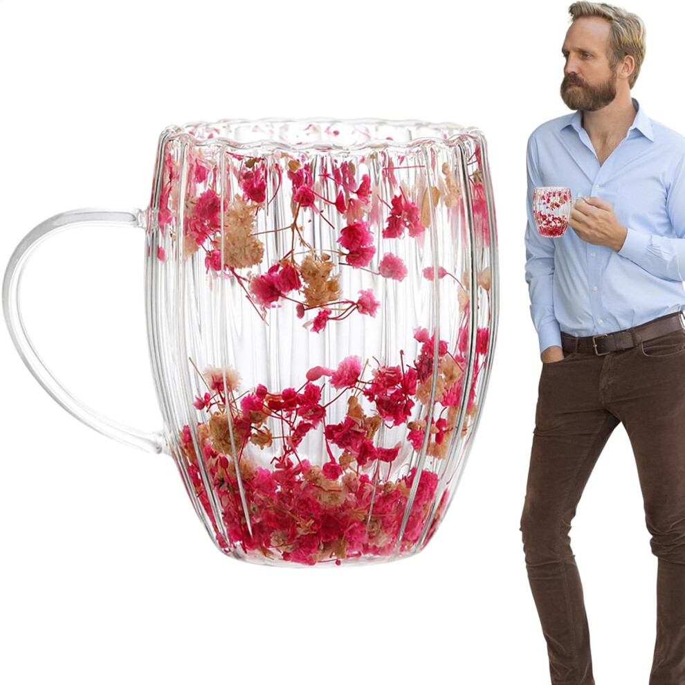 (A) Dried Flowers Glass Cups - 300ml Double Walled Clear Coffee Cup with Handle,Drinking Cups for Hot Cold Beverages, Milk Mugs