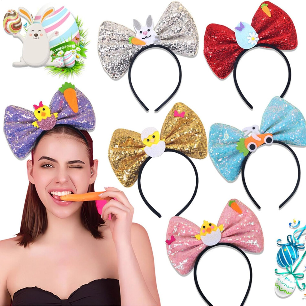 Easter Hair Bow Headband, 6X Cute Bunny Chick Bowknot Hair Hoop, Cartoon Hair Hoop Hair Accessories Easter Decoration for Women, Girls