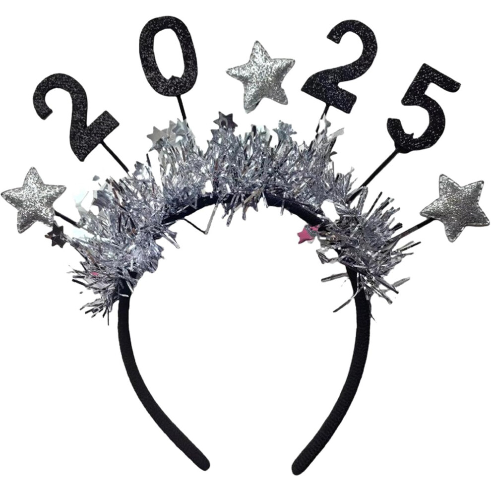 (Silver) 2025 Happy New Year Star Headband, 2025 Happy New Year Headband, Happy New Year Glitter Star Sequins Headband Tiara For Christmas 2025 New Ye Silver