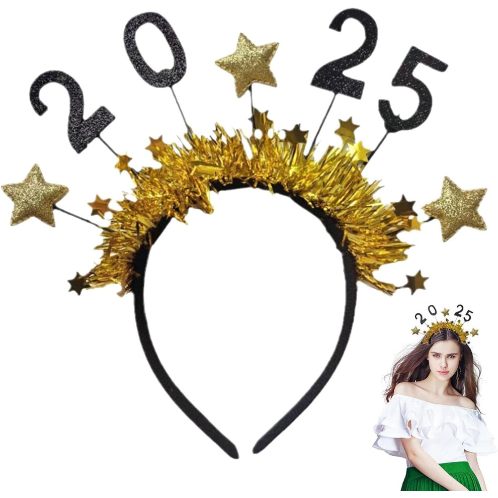 (Gold) 2025 Happy New Year Star Headband, 2025 Happy New Year Headband, Happy New Year Glitter Star Sequins Headband Tiara For Christmas 2025 New Year Gold