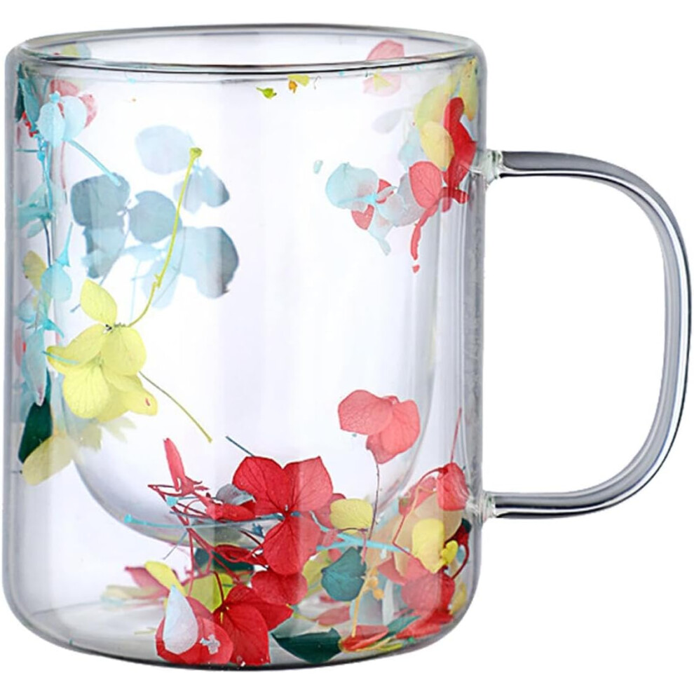 (Hydrangeas) Double Wall Glass Coffee Mugs Clear Cups, 250ml Dried Flowers Heat-Resistant Glasses Cup, Aesthetic Glassware, Flower Glass Mug for Beverage, Tea,