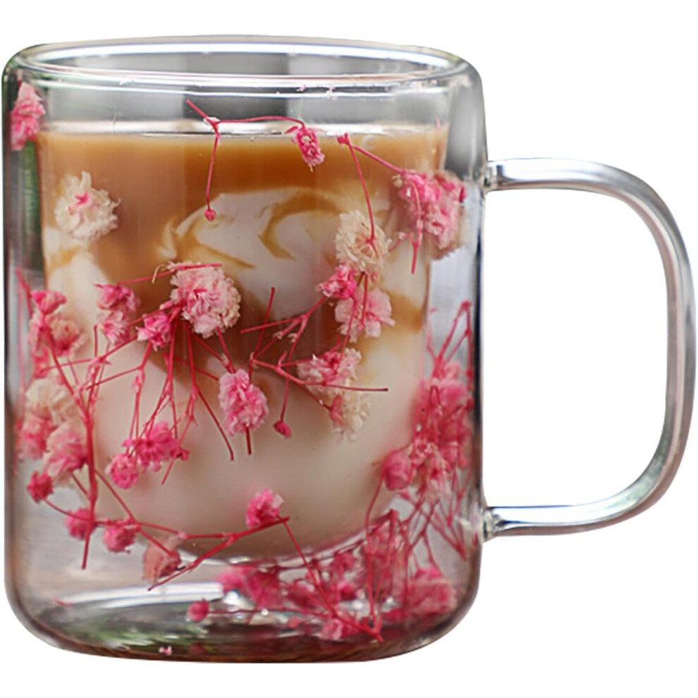 (Gypsophila) Double Wall Glass Coffee Mugs Clear Cups, 250ml Dried Flowers Heat-Resistant Glasses Cup, Aesthetic Glassware, Flower Glass Mug for Beverage, Tea,